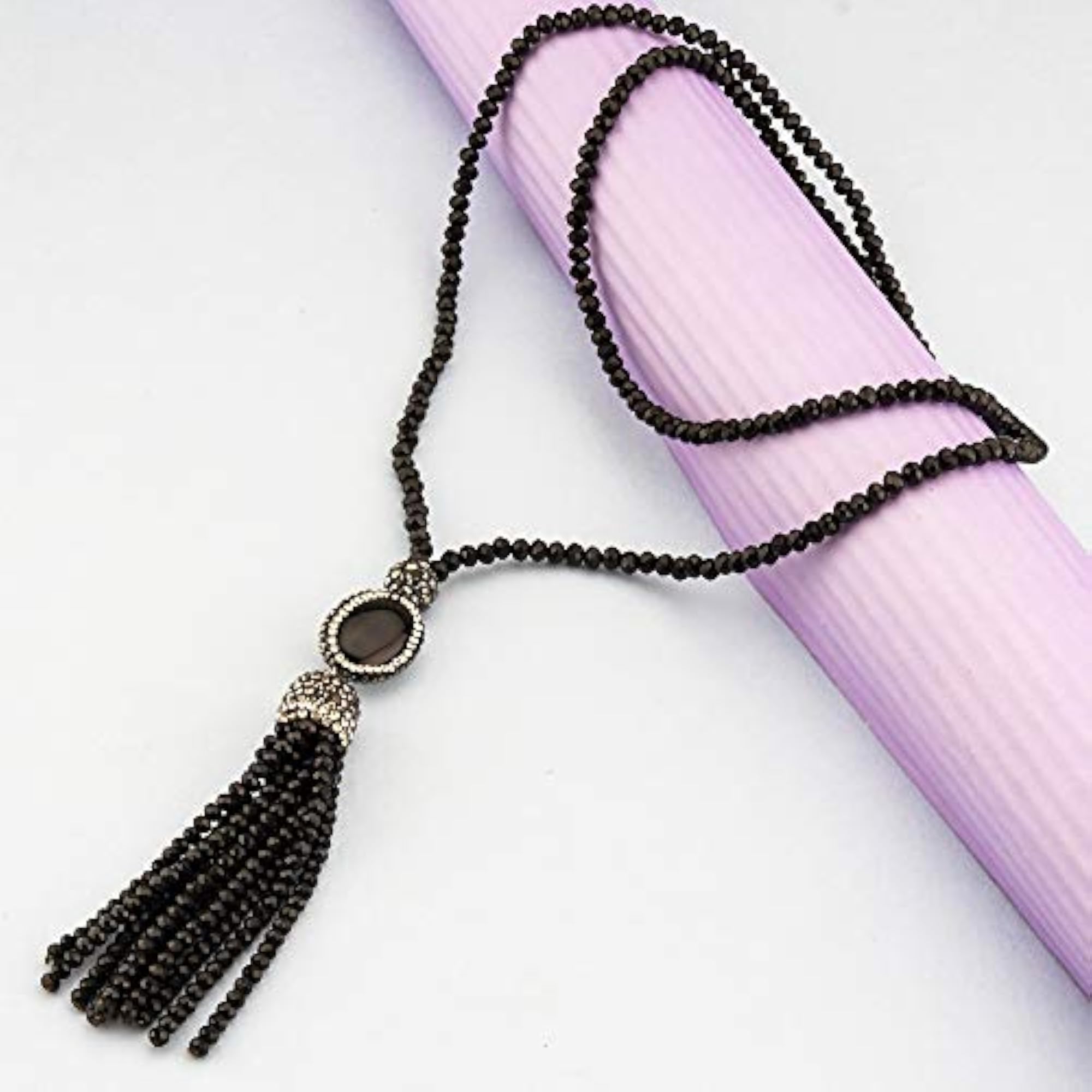 Beaded & Crystal Silver Tassel Necklace for Women